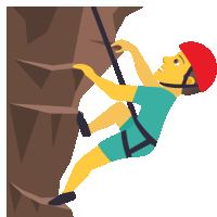 a man wearing a red helmet is climbing a mountain