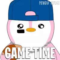 a pink penguin wearing a blue hat and chains has the words game time written below it