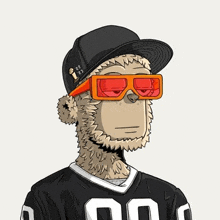 a monkey wearing a hat and sunglasses is wearing a jersey .