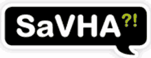 a black speech bubble with the words savha written in white letters .