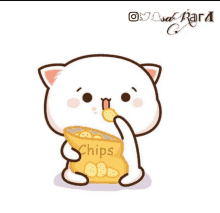 a cartoon cat is holding a bag of chips