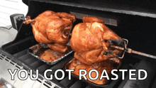 two roasted turkeys on a grill with the words " you got roasted " above them