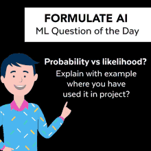 a man in a blue sweater is pointing at something with the words formulate ai ml question of the day above him