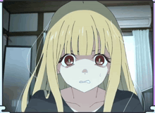 a girl with blonde hair and red eyes is making a surprised face