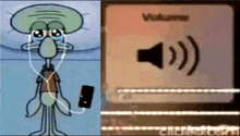 squidward from spongebob crying while listening to music on his phone