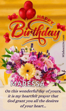 a birthday card for maressa with a bouquet of flowers and balloons