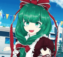 a girl with green hair and a red and white bow on her head