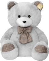 a gray teddy bear with a plaid bow tie and a tag that says ' i love you ' on it