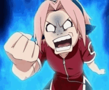 a cartoon girl with pink hair is making a funny face and pointing her fist at the camera .