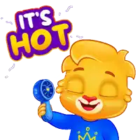 a cartoon character holding a fan with the words " it 's hot " above him