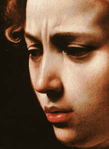 a close up of a painting of a woman 's face with red lips