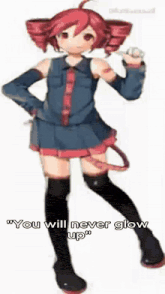 a girl with red hair is standing in front of a white background and says you will never glow up .
