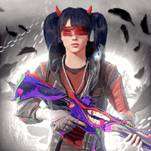 a girl with devil horns is holding a colorful gun