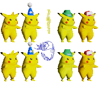 a group of pikachu wearing party hats are standing in a line