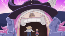 a man and a girl are standing in front of a huge monster
