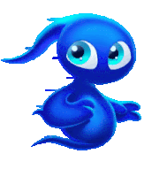 a blue cartoon character with big blue eyes is running