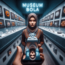 a woman in a hijab is holding a diamond in a museum