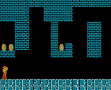 a video game scene with a brick wall , coins , and a person .