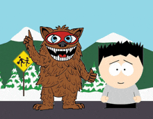 a cartoon character standing next to a monster with a mask on