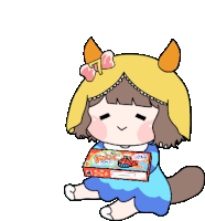 a cartoon drawing of a girl holding a box that says ' candy ' on it