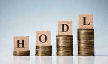 wooden blocks stacked on top of stacks of coins with the word hodl on them