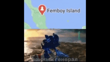 a picture of sonic the hedgehog standing on a beach next to a map of femboy island .