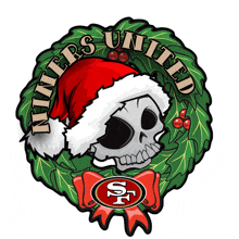 a skull wearing a santa hat is surrounded by a wreath that says ' niners united ' on it