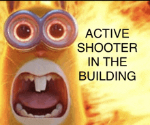 a picture of a cartoon character with the words active shooter in the building above it