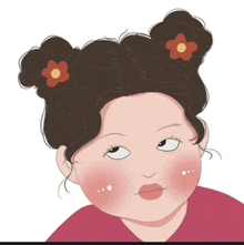 a cartoon drawing of a girl with two buns and flowers in her hair