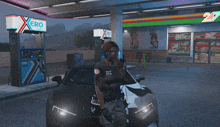 a woman stands next to a black car in front of a gas station that says xerox