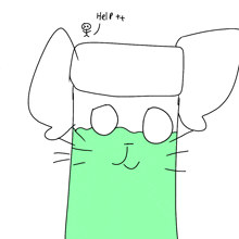 a drawing of a cat with a green face and the words help written above it