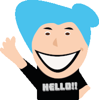 a cartoon character with blue hair wearing a black shirt that says hello