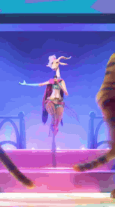 a cartoon character is dancing on a stage