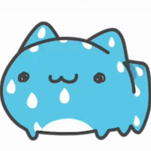 a drawing of a blue cat with sweat drops on its face .