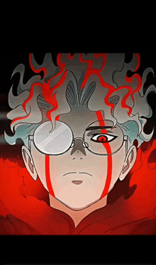 a close up of a person 's face with glasses and red lines