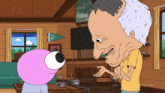 a cartoon of a man talking to a pink monster with a banner that says bass on it