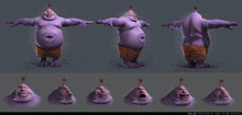 a 3d model of a purple cartoon character with different faces and the words body app on the bottom