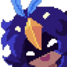 a pixel art drawing of a bird with blue wings and a yellow beak