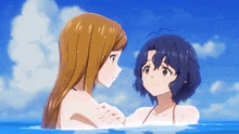 two anime girls are looking at each other while swimming in the ocean