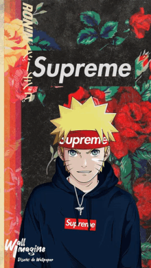 a poster of naruto wearing a supreme shirt