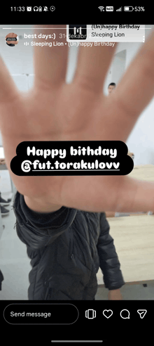 a man 's hand is shown with a happy birthday message