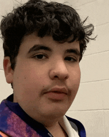 a young man with curly hair and a mustache is standing in front of a white tiled wall .