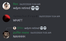 a screenshot of a discord conversation between ren and wdym retired