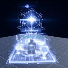 virtual fucking myth is displayed on a screen in a dark room