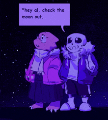 a drawing of a skeleton talking to another skeleton with the words " hey al check the moon out "