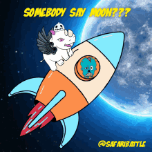 a cartoon of a rhino on a rocket with the words somebody say moon on the bottom