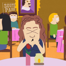 a cartoon of a woman sitting at a table with a south park sign behind her