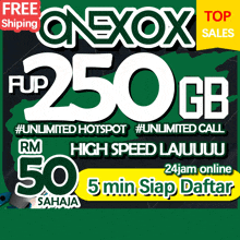 a green and white sign that says ' onexox fup 250 gb ' on it