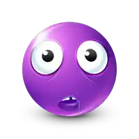 a purple smiley face with big eyes and a drop of saliva on its mouth