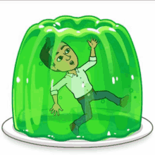 a cartoon of a man in a green jelly container